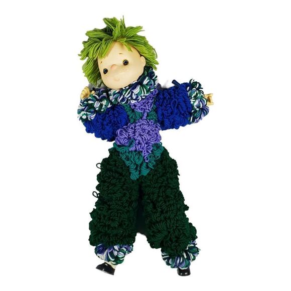 Handmade Yarn Doll w/ Green Hair Blue Purple Moveable Bendable Arms Legs Large - Picture 5 of 8